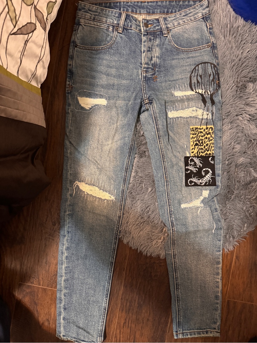 Ksubi Light Blue Distressed Slim Jeans with Graphic Patch